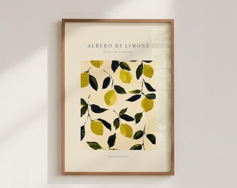 Lemon Tree Poster, Modern Illustration of Lemons, Mediterranean Wall Art, Summer Decor Art Print for Dining Room & Kitchen
