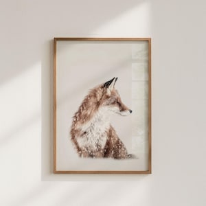Fox in winter poster, winter nature photography in Scandinavian style for artistic winter and Christmas decoration