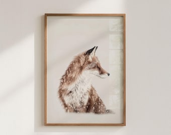 Póster de zorro en invierno, fotografía de naturaleza invernal en estilo escandinavo para decoración artística de invierno y Navidad.