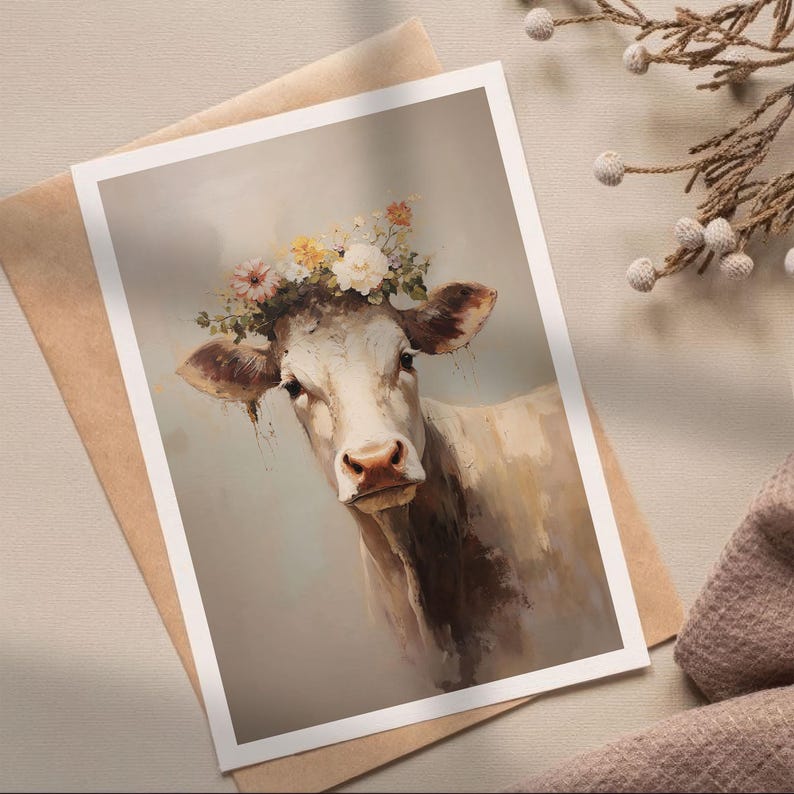 May include: A white cow with a crown of white, pink and yellow flowers on its head. The cow is looking directly at the viewer with a soft, gentle expression. The background is a light grey.