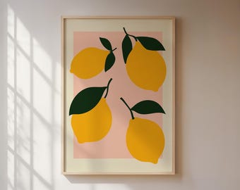 Abstract lemon poster, modern illustration of lemons on a pink background