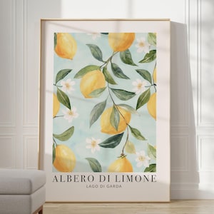 Poster dell'albero di limone, illustrazione vintage mediterranea di limoni sotto un cielo blu, Albero di Limone, Lago di Garda