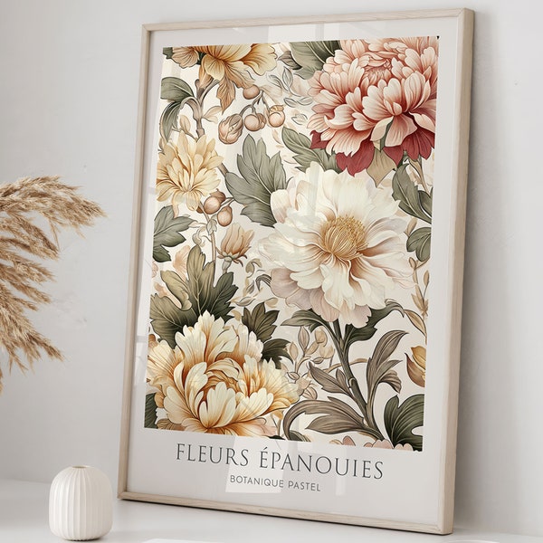 Vintage Blumen Poster, abstraktes Blumendekor Fleurs Épanouies, florales Motiv, botanische Kunst