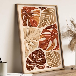 Cartel de acuarela de hojas de otoño, pintura abstracta en estilo escandinavo, acogedora decoración de otoño, decoración de hojas para el otoño