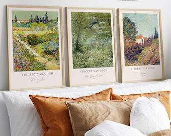 Set of 3 Vincent van Gogh posters, classic Scandi style paintings, River Bank in Springtime, Landscape and Garden at Arles