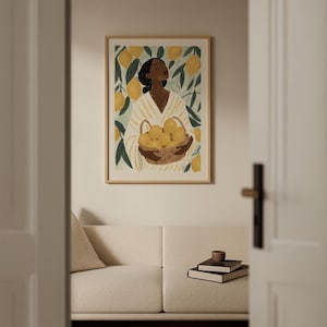 Woman with lemons poster, Mediterranean vintage illustration of a lemon harvest in the summer sun image 3