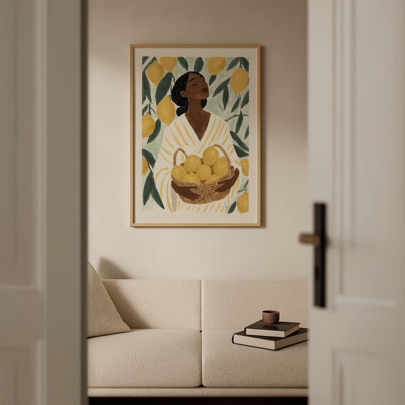 Woman with lemons poster, Mediterranean vintage illustration of a lemon harvest in the summer sun image 3