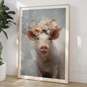 Pig with flower wreath poster, animal portrait as oil painting, piggy Anna