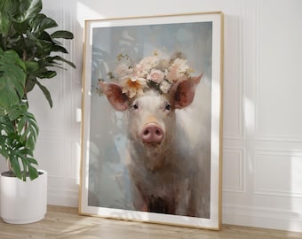 Pig with flower wreath poster, animal portrait as an oil painting, piglet Anna