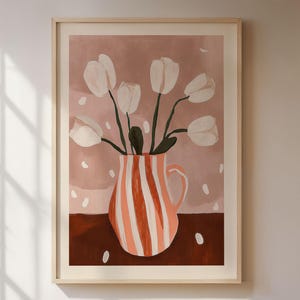Póster de tulipanes, ilustración abstracta de flores blancas en un jarrón sobre fondo marrón rojizo, impresión de arte moderno