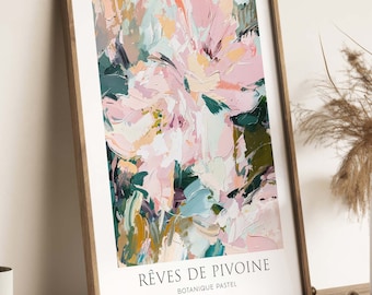 Abstract floral poster in Scandi style, floral decor Rêves de Pivoine, botanical painting of peonies