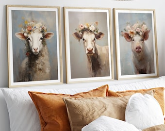 Set of 3 animal portrait posters, oil paintings of animals with floral wreath, pig, sheep, cow