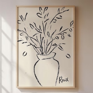 Pôster de flores minimalista, desenho de arte linear de uma natureza morta em estilo escandinavo