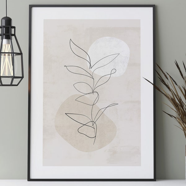 Boho poster with abstract flower, one line art plant on abstract shapes