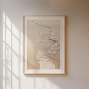 Waves poster, minimalist nature photography of ocean waves on the beach, Scandinavian coastal decor