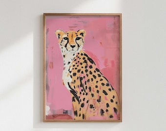 Plakat z gepardem w kolorze różowym, ekspresyjny wydruk artystyczny – dekoracja ścienna do sypialni, dekoracja salonu z portretem zwierzęcia