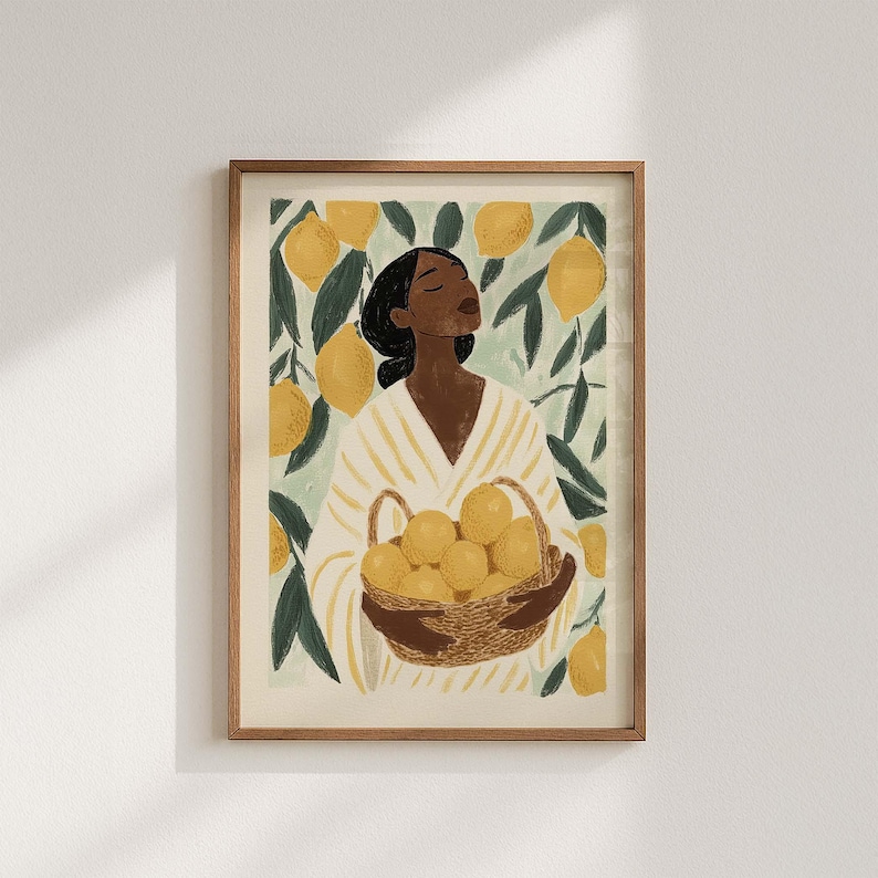 Woman with lemons poster, Mediterranean vintage illustration of a lemon harvest in the summer sun image 1