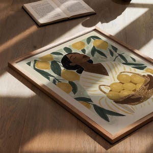 May include: A framed illustration of a person with brown skin, wearing a white and yellow striped shirt, holding a basket of lemons. The background is a green and yellow lemon tree.