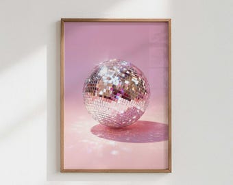 Póster de bola de discoteca rosa – Arte de pared de bola de discoteca rosa – Lámina decorativa estética, decoración Dopamine Y2K