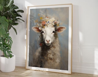 Sheep with flower wreath poster, animal portrait as an oil painting, lamb, lamb Sally