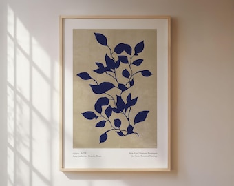 Blue branches poster in Scandinavian style, botanical illustration on a brown background, vintage art print, minimalist wall art