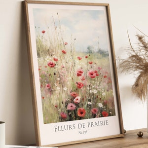 Flower meadow poster in Scandi style, painting of a meadow with wild flowers, colorful wildflowers