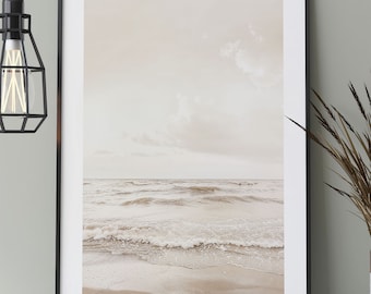 Calm waves on the beach, poster in Scandinavian style, nature photography of a gentle sea coast.