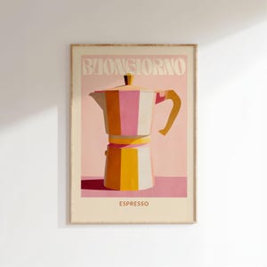 Espresso Poster - Mid Century Kunstdruck mit buntem Moka Pot, Küchenposter für Kaffeeliebhaber, Dopamine Decor Wanddeko