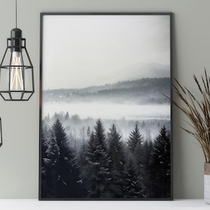 Mystisches Winter Wald Poster, Natur Fotografie eines verschneiten Sees im Nebel, wunderschöne Winterlandschaft