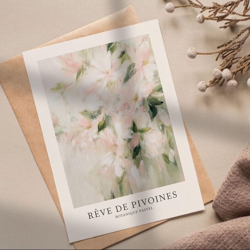 May include: A pastel floral art print featuring soft pink flowers and green leaves. The print is on a white background with the text "R&Ecirc;VE DE PIVOINES BOTANIQUE PASTEL" at the bottom. The print is placed inside a brown envelope.