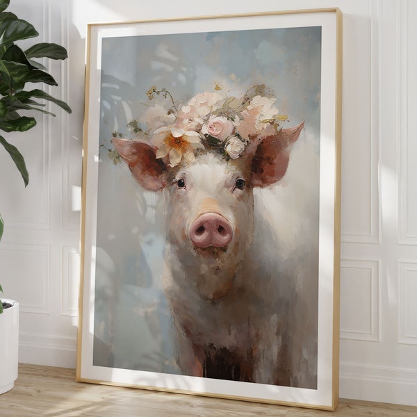 Schwein mit Blumenkranz Poster, Tierporträt als Ölgemälde, Schweinchen Anna