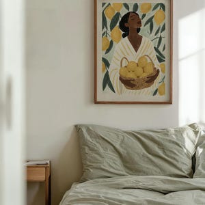 May include: A framed illustration of a person standing in a lemon tree, holding a basket of lemons. The person is wearing a white and yellow striped shirt. The background is a green and yellow lemon tree.