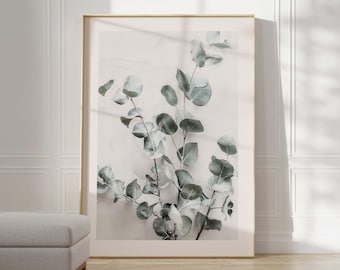 May include: A framed print of a botanical illustration featuring a branch of eucalyptus leaves in shades of green against a white background.