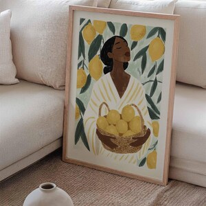 Woman with lemons poster, Mediterranean vintage illustration of a lemon harvest in the summer sun image 4