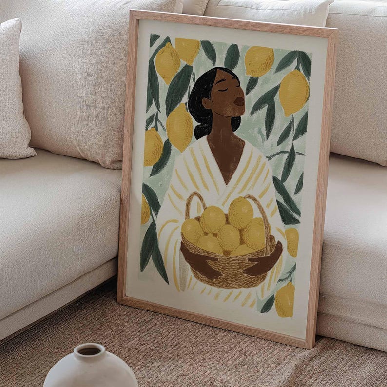 Woman with lemons poster, Mediterranean vintage illustration of a lemon harvest in the summer sun image 4