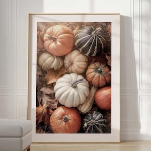 Kürbisse Poster, herbstliche Fotografie von Kürbissen auf bunten Herbstblättern, Herbstdekoration