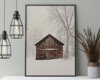Cabin in the Snow Poster, Winter Photography of a Snow-Covered Barn in the Forest