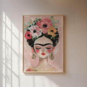 Cartel de Frida Kahlo, retrato abstracto de Frida Kahlo con decoración floral al estilo de una pintura al óleo, arte de pared boho