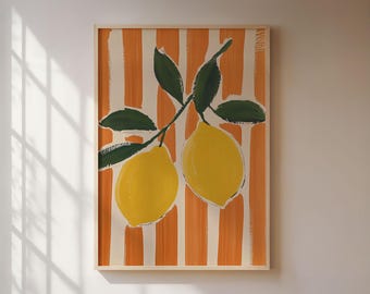 Pôster de ramo de limão, impressão artística minimalista escandinava em amarelo e laranja, arte de parede moderna para cozinha e sala de estar.