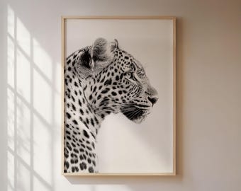 Póster de leopardo, arte mural minimalista de vida silvestre en blanco y negro para espacios habitables y oficinas modernas.