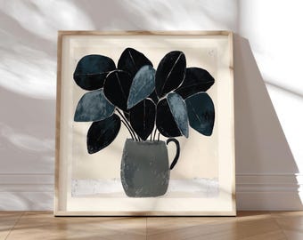 Växtmålningsposter i skandinavisk stil, abstrakt illustration av en växt mot beige bakgrund, botanisk målning