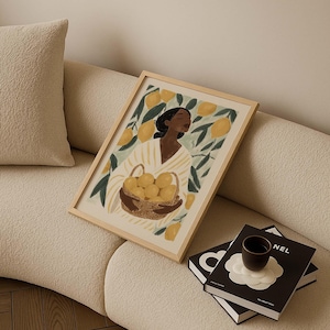 Woman with lemons poster, Mediterranean vintage illustration of a lemon harvest in the summer sun image 2