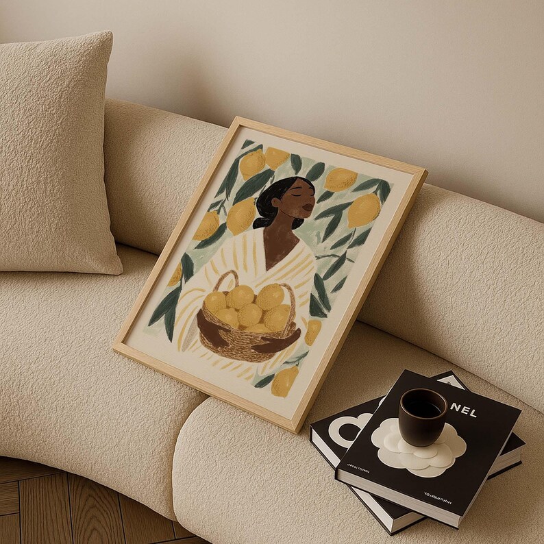Woman with lemons poster, Mediterranean vintage illustration of a lemon harvest in the summer sun image 2