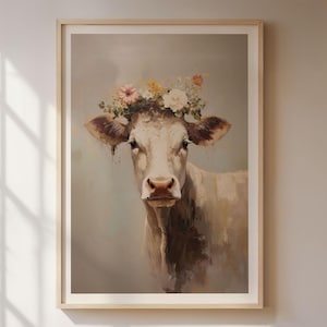Cow with flower wreath poster, animal portrait in the style of an oil painting, beautiful cow Marie