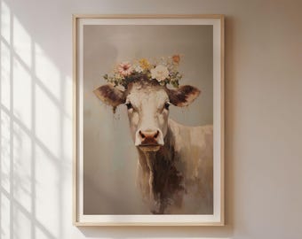 Cow with flower wreath poster, animal portrait in the style of an oil painting, beautiful cow Marie