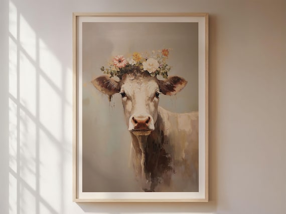 Kuh mit Blumenkranz Poster, Tierporträt im Stil eines Ölgemäldes, wunderschöne Kuh Marie