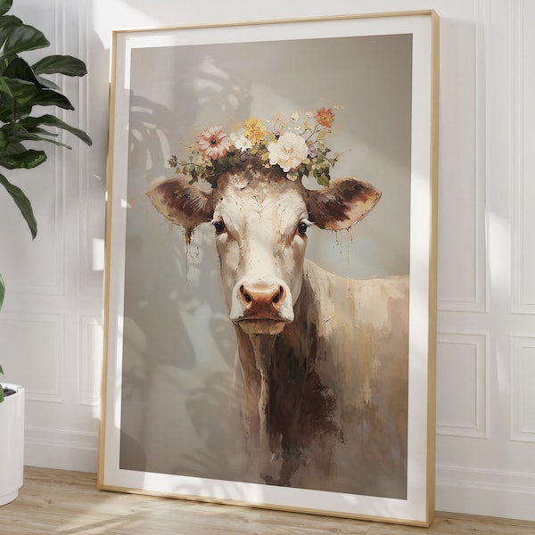 Affiche vache avec couronne de fleurs, portrait animalier en peinture à l'huile, Vache Marie