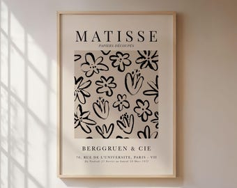 Matisse poster, floral illustration against a brown background, vintage papercut art print, minimalist wall art