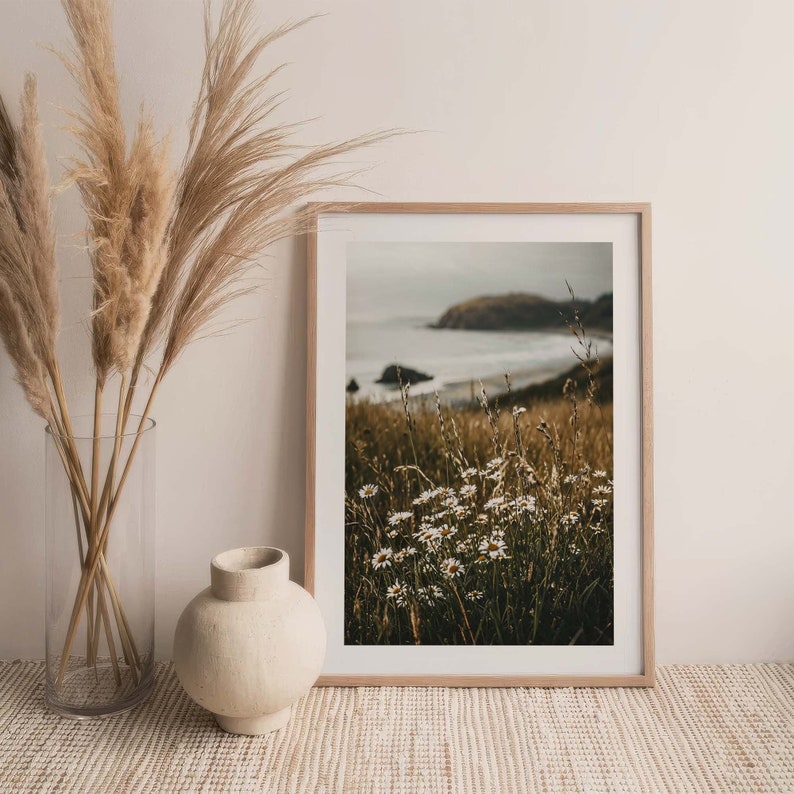 Daisies by the Ocean Poster, Nature Photography of Flowers on the Beach Overlooking the Sea image 3