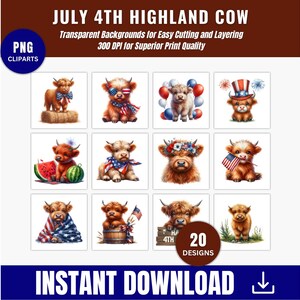 4th of July Cow Png Clipart, Highland Cow Clipart Bundle, Patriotic Animals Clipart, Memorial Day Clipart, Independence Day Png